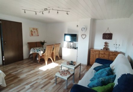 Wohnzimmer mit Schlafcouch, Essecke u. Fernseher Wohnzimmer mit Schlafcouch, Essecke u. Fernseher