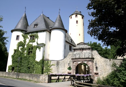 Kasteel Rittersdorf met twee ronde torens en een hoge, gele toren. Een boog met versieringen leidt naar het kasteel. Op de muren groeit klimop., © Frank Schaal Kasteel Rittersdorf met twee ronde torens en een hoge, gele toren. Een boog met versieringen leidt naar het kasteel. Op de muren groeit klimop., © Frank Schaal
