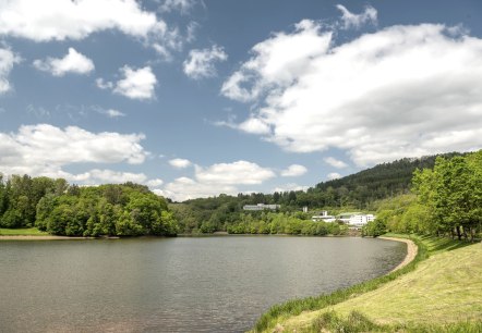 Der Stausee Bitburg mit grünen Hügeln und Gebäuden im Hintergrund, unter einem blauen Himmel mit weißen Wolken., © TI Bitburger Land Der Stausee Bitburg mit grünen Hügeln und Gebäuden im Hintergrund, unter einem blauen Himmel mit weißen Wolken., © TI Bitburger Land