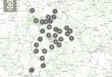 Karte der Eifel mit Infos zu Ausflugszielen, Hotels, Ferienwohnungen, Wandertouren und Radwegen., © Eifel Tourismsu GmbH/Google Maps Karte der Eifel mit Infos zu Ausflugszielen, Hotels, Ferienwohnungen, Wandertouren und Radwegen., © Eifel Tourismsu GmbH/Google Maps