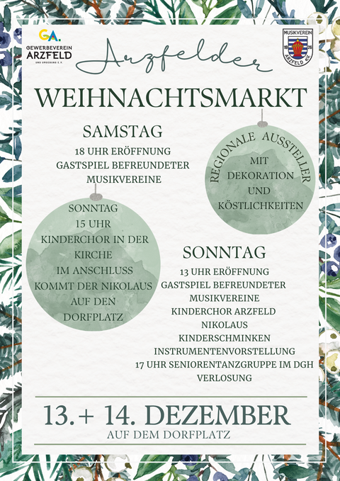 Een poster voor de kerstmarkt in Arzfeld. Het toont informatie over evenementen, regionale exposanten en data op 13 en 14 december.