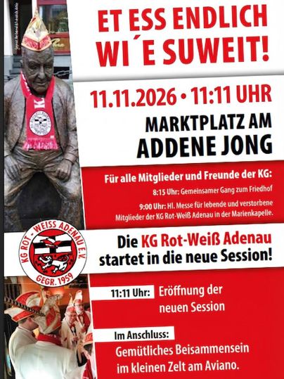 Ein Plakat für eine Veranstaltung in Adenau. Es zeigt Informationen zur Eröffnung der neuen Session der KG Rot-Weiß Adenau am 11.11.2026.