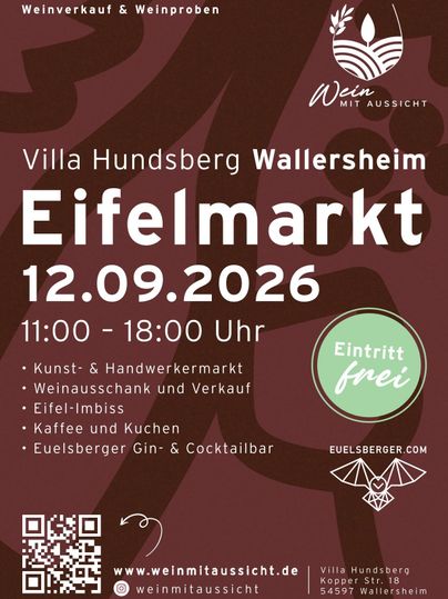 Ein Werbeflyer für den Eifelmarkt in Wallersheim. Das Event findet am 12.09.2026 von 11:00 bis 18:00 Uhr statt und bietet Kunst, Handwerk sowie Weinverkauf.