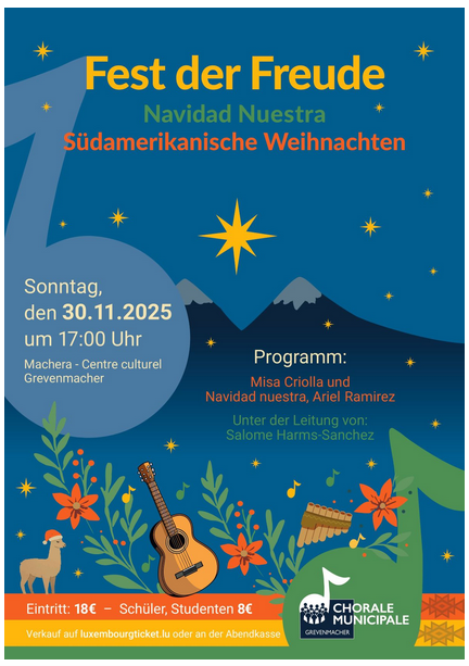 Ein fröhliches Festplakat für eine südamerikanische Weihnachtsfeier. Es zeigt bunte Sterne, ein Guitarre und symbolische Figuren, die die festliche Stimmung widerspiegeln.