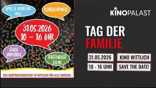 Ein Farbflyer für den "Tag der Familie" im Kino Palast. Das Event bietet Spiel und Spaß für alle sowie kostenlose Filme am 31. Mai 2026.