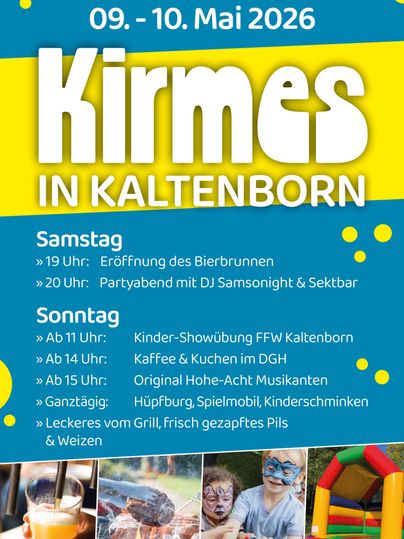 Een evenementenposter voor de kermis in Kaltenborn op 09 en 10 mei 2026. Het toont het programma met verschillende activiteiten en tijden voor zaterdag en zondag.