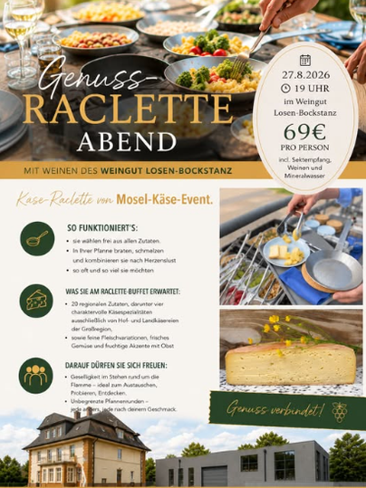Ein einladender Raclette-Abend mit einem festlich gedeckten Tisch und köstlichen Zutaten. Die Veranstaltung findet im Weingut Losen-Bockstanz statt und verspricht ein genussvolles Erlebnis.