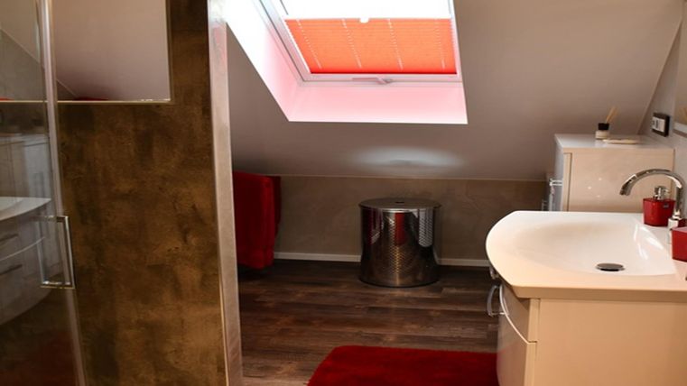 A modern bathroom with a window under the roof. There is a shower cabin, a sink, and a red carpet.