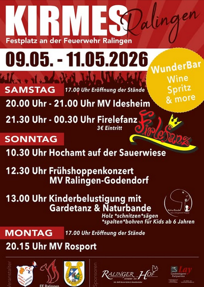 A colorful event flyer for the fair in Ralingen. The program showcases various activities and performances from May 9 to May 11, 2026.