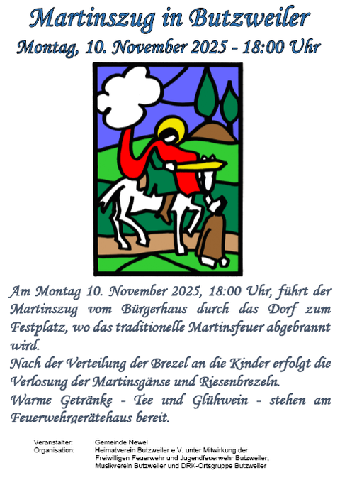 Ein Plakat für den Martinszug in Butzweiler, der am 10. November 2025 stattfindet. Es zeigt eine bunte Illustration mit einem Ritter und einem Pferd.