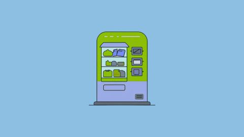 A vending machine with various snacks and drinks. The machine has a green and purple color scheme.