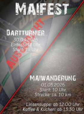 A poster for the May Festival with information about a darts tournament and a May hike. The event takes place on different days and also offers food and drinks.