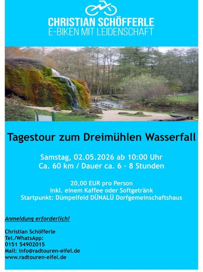 An invitation to a day tour to the Dreimühlen Waterfall. The tour covers approximately 60 km and starts on May 2, 2026, at 10 AM.