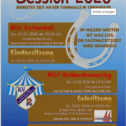 Een kleurrijke evenementenposter voor de sessie 2025 in Trierweiler. Het vermeldt verschillende evenementen zoals een dansfeest, kindermiddag en gala-avond.