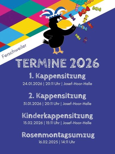 Une graphique colorée avec un oiseau amusant qui représente un symbole de fête. Contient des informations sur les événements à Ferschweiler pour l'année 2025.