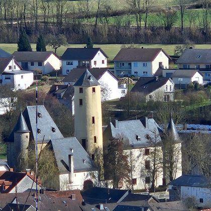 Eine historische Burg umgeben von Wohnhäusern. Die Landschaft ist grün und idyllisch.