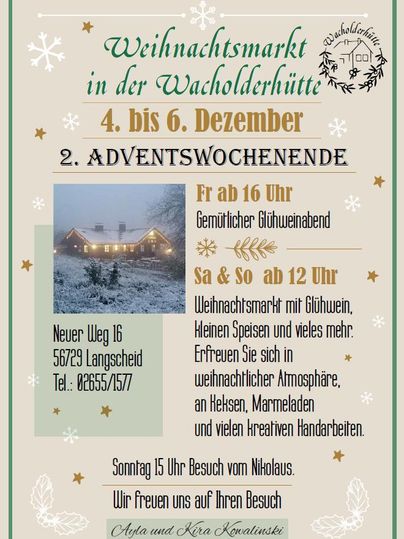 An information poster for the Christmas market at the Juniper Cabin. It includes details about the dates, times, and activities, including mulled wine, food, and a visit from St. Nicholas.
