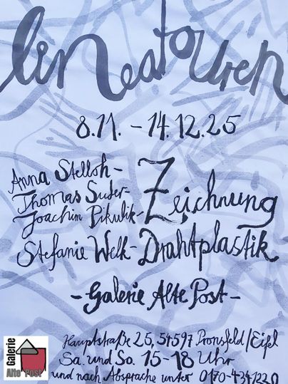 Eine Ausstellung mit dem Titel "Linienaturen" findet vom 8. November bis 14. Dezember 2025 statt. Die Galerie Alte Post präsentiert Werke von Anna Steilich, Thomas Suder, Joachim Plihul und Stefanie Welk.