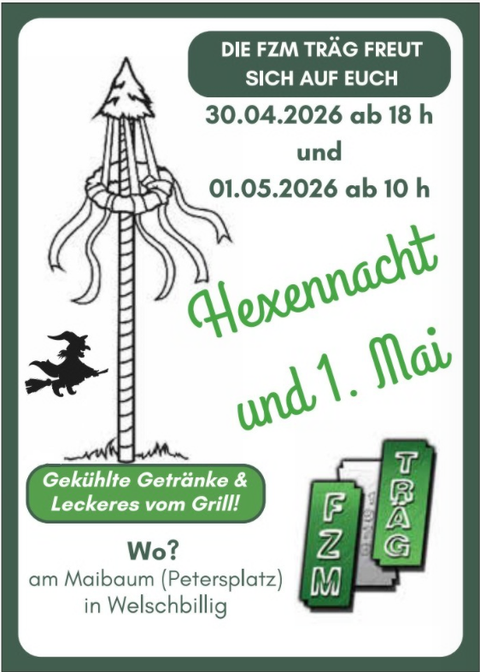 A poster for an event featuring a maypole and a witch. It announces the Witches' Night and May 1st with drinks and grilling.