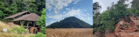 Une image de paysage pittoresque avec une cabane, une douce colline et des rochers rouges. Le ciel est clair avec quelques nuages et l'environnement est vert et accueillant.