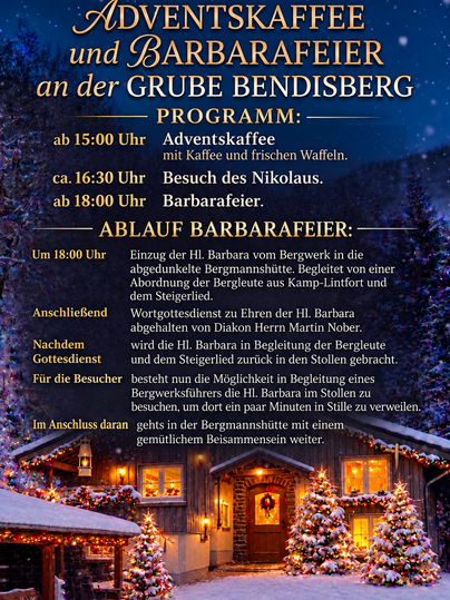 A festive Advent event with coffee, fresh waffles, and numerous activities. The place is decorated with lights and snow, exuding a cozy atmosphere.