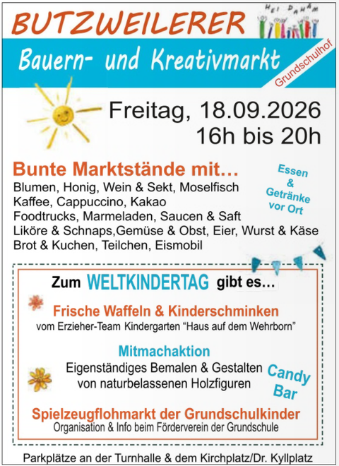 A poster for the Butzweilerer Farmers' and Creative Market. It displays information about the market on 18.09.2026 with various stalls, food offerings, and activities for children.