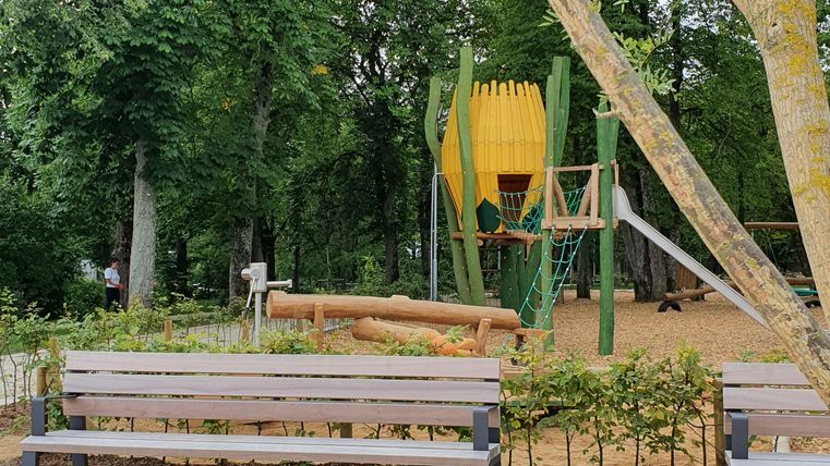 Spielplatz im Park Maximiner Wäldchen mit Bänken und Klettergerüst.