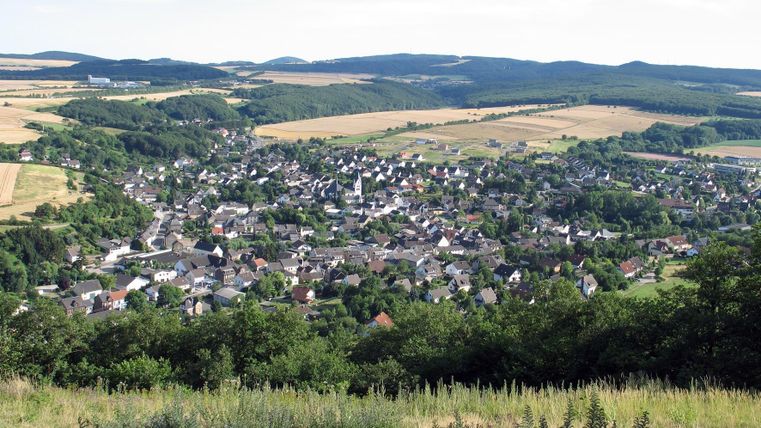 Eine malerische Ansicht eines kleinen Dorfes, umgeben von grünen Feldern und sanften Hügeln. Der klare Himmel bietet einen schönen Kontrast zur Landschaft.