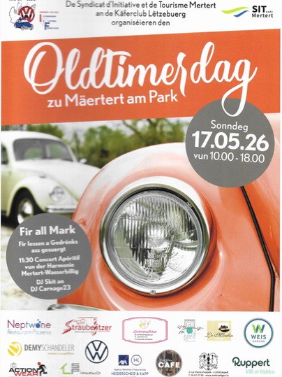 Ein Plakat für den Oldtimertag in Märttert am Park, das einen vintage Auto-Scheinwerfer und stilvolle Oldtimer im Hintergrund zeigt. Der Tag findet am 17. Mai 2026 von 10:00 bis 18:00 Uhr statt.