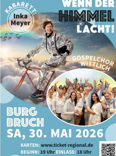 Een vrolijk poster voor een evenement met Inka Meyer, die in een ruimtepak op een fiets zit. Het gospelkoor Wittlich en informatie over het evenement zijn ook inbegrepen.