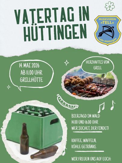 A poster for the Highland Games for Father's Day in Hüttingen. There will be an after-work beer and a steel dart tournament on May 17, followed by the Highland Games on May 18.