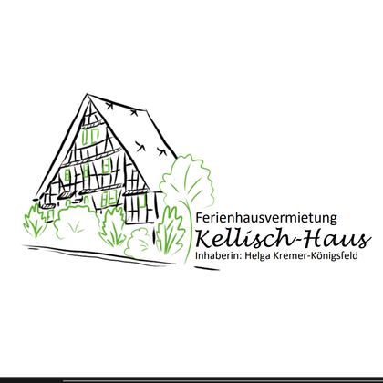 A sketched depiction of a traditional holiday home with a gable roof. The house is surrounded by green plants and the lettering "Kellisch-Haus" is clearly visible.