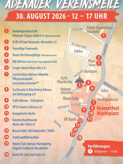 Eine Veranstaltungsübersicht für die Adenauer Vereinsmeile am 30. August 2026. Die Karte zeigt verschiedene Stände und Aktivitäten von 12 bis 17 Uhr.