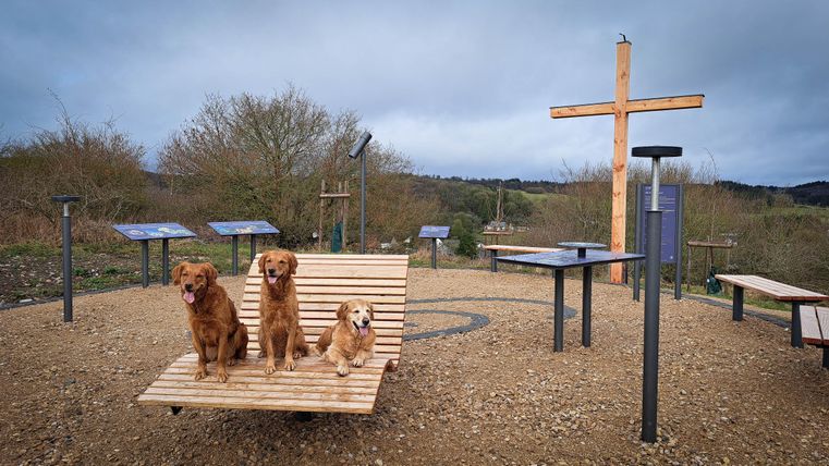 Drei Hunde sitzen auf einer Bank in einem ruhigen Freiluftbereich. Im Hintergrund sind Informationsschilder und ein Holzkreuz zu sehen.