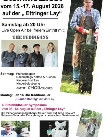 A poster for the stonemason festival from August 15 to 17, 2026, at Ettinger Lay. It displays information about events, live performances, and other activities.