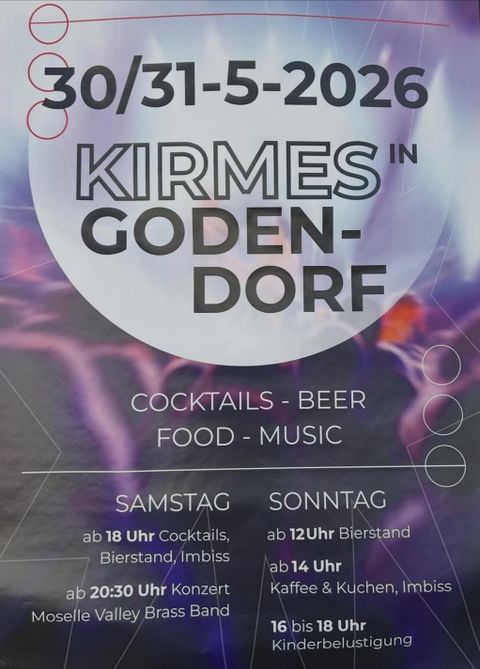 Een flyer voor de kermis in Godendorf op 30 en 31 mei 2026. Er worden cocktails, bier, eten en muziek aangeboden.