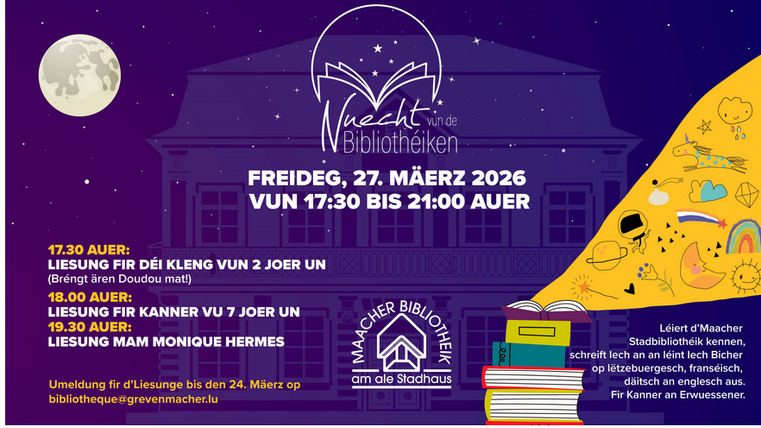 Eine Veranstaltung in der Bibliothek mit Lesungen für Kinder und Erwachsene. Es gibt verschiedene Aktivitäten und Gäste, die um 17:30 Uhr beginnen.