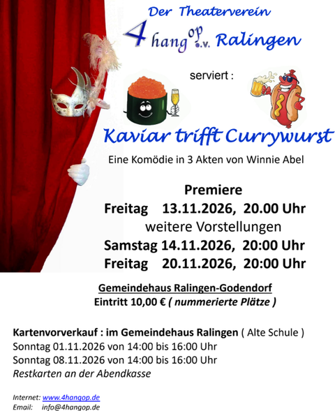 Eine Ankündigung für eine Theateraufführung mit dem Titel "Kaviar trifft Currywurst". Die Premiere findet am 13. November 2026 im GemeindehHaus Ralingen-Godendorf statt.