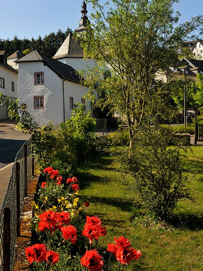 Bloembed met rode bloemen voor een wit gebouw met een toren.