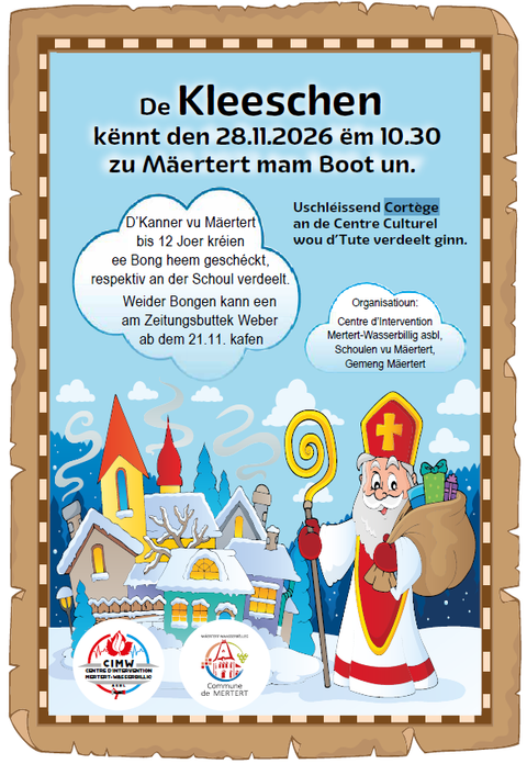 Une affiche joyeuse pour un événement organisé par le Kleeschen, qui aura lieu le 28 novembre 2026. Elle représente une scène hivernale avec un charmant vieil homme et des bonbons colorés.