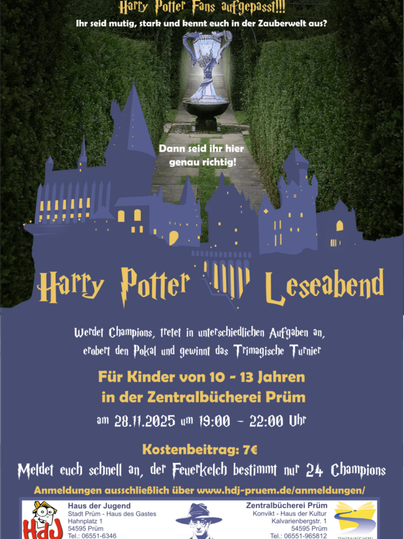 Ein Plakat für einen Harry Potter Leseabend in der Zentralbibliothek Prüm. Es richtet sich an Kinder von 10 bis 13 Jahren und informiert über die Veranstaltung am 28.11.2025.