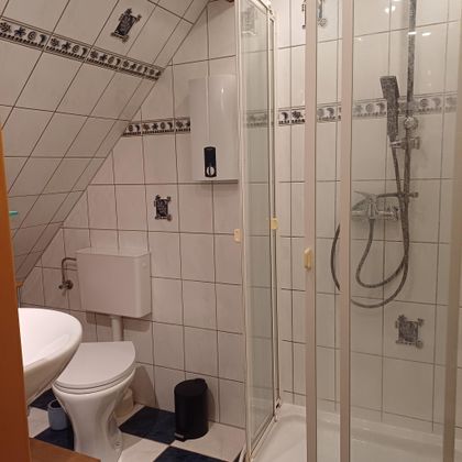 Das Badezimmer der Ferienwohnung ist mit Dusche, WC und Waschbecken ausgestattet.