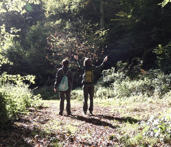 Two people in the forest throw autumn leaves into the air. Sunlight falls through the trees and creates an autumnal atmosphere., © TI Bitburger Land