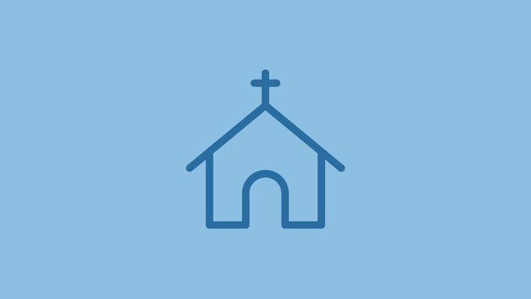 Une simple icône d'une église sur un fond bleu. L'église a un clocher en forme de croix et une entrée ouverte.