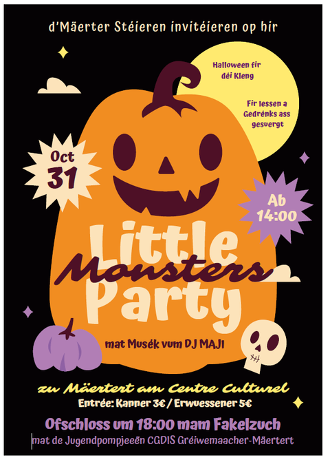 Ein einladendes Plakat für eine Halloween-Party mit einem großen, lächelnden Kürbis und bunten Grafiken. Die Veranstaltung findet am 25. Oktober im Centre Culturel statt, mit Musik von DJ MAJI.
