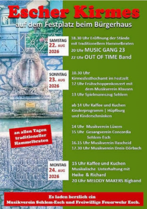 Ein Plakat für die Escher Kirmes mit Terminen und Veranstaltungen vom 23. bis 25. August 2025. Es werden verschiedene Aktivitäten, wie Musik und traditionelle Hamuelbraten, angekündigt.