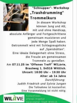 Ein Workshop für Trashdrumming, der Jung und Alt anspricht. Es bietet die Möglichkeit, gemeinsam Musik zu machen und Spaß zu haben.