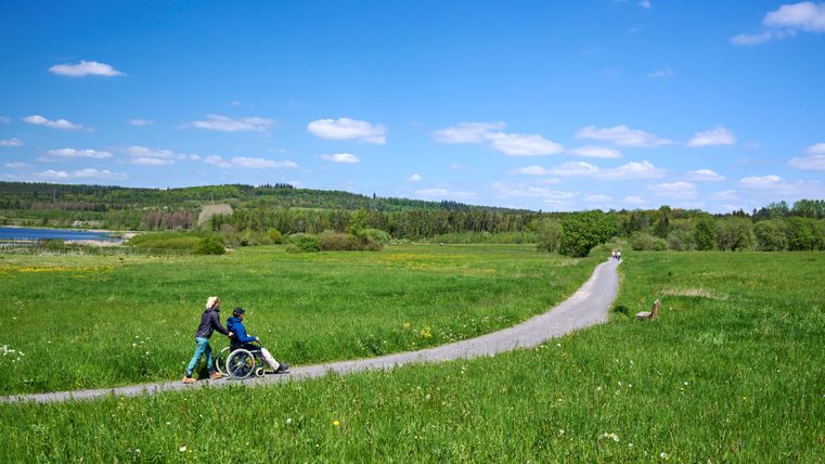 Eine Frau schiebt einen Mann im Rollstuhl auf einem geteerten Weg zwischen zwei großen Wiesen