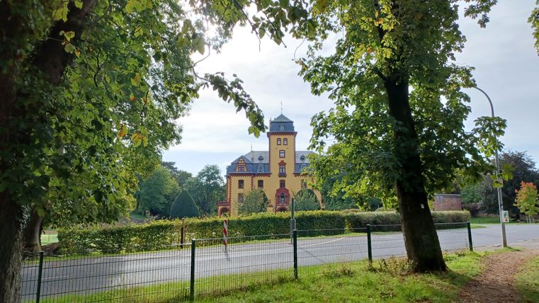 Kasteel Wachendorf achter bomen en een hek.