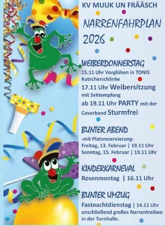 Eine bunte Karnevalsveranstaltung mit fröhlichen, cartoonartigen Fröschen und verschiedenen festlichen Elementen. Der Text enthält das Veranstaltungsprogramm für 2026.